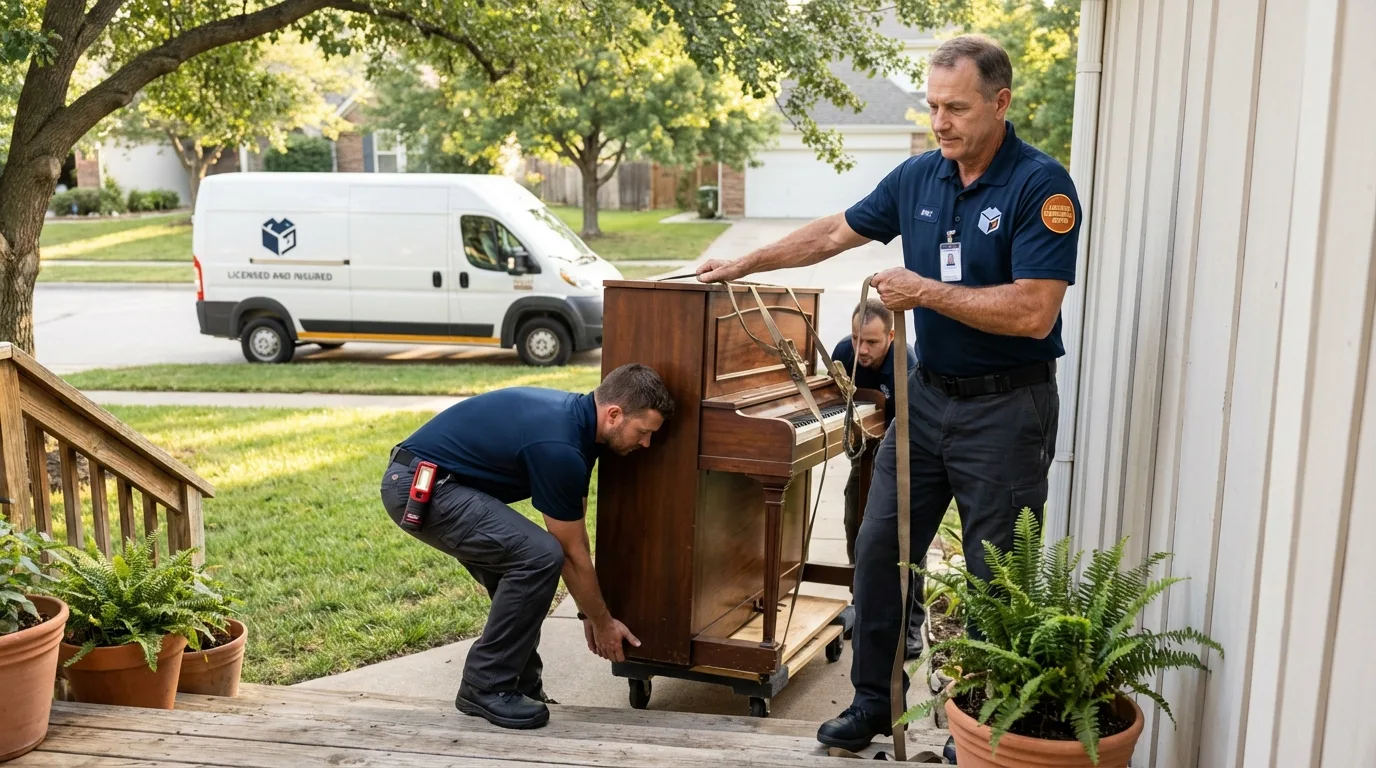 Licensed piano movers securing grand piano in Horton, KS