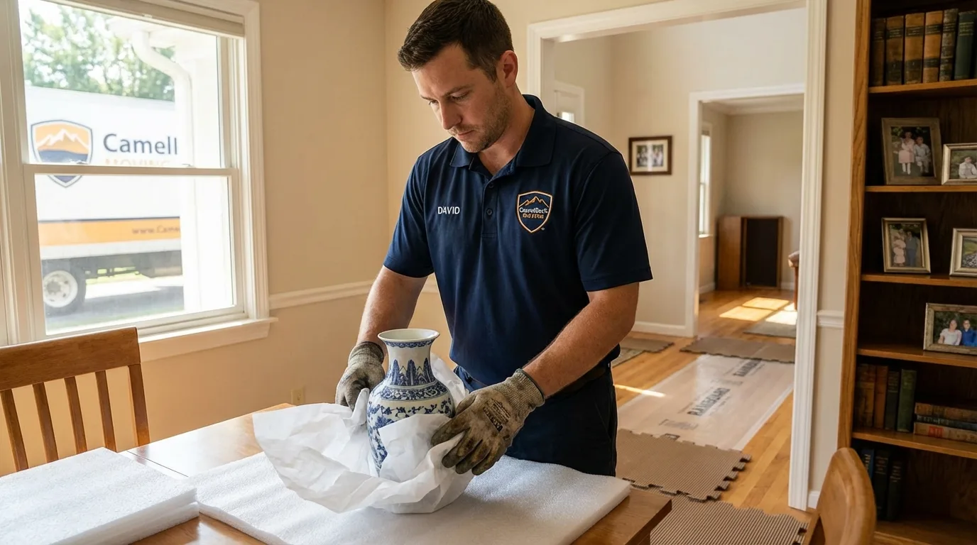 Professional crew carefully wrapping antique vase for senior downsizing move in Horton, KS